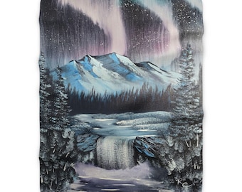 Northern Lights Mountain Scene Blanket | Aurora Borealis Sherpa Throw