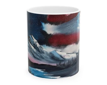 Patriotic Flag Mountain Landscape Mug | Aurora Borealis Ceramic Mug