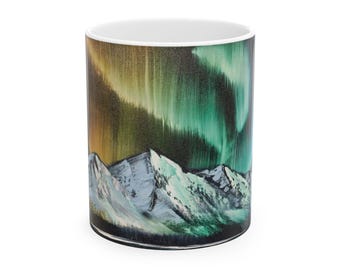 Aurora Borealis Mountain Scene Mug | Northern Lights Ceramic Mug