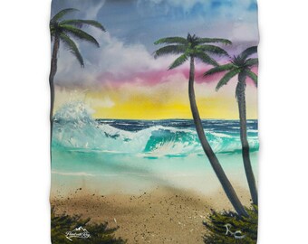 Tropical Beach Sunset Blanket | Palm Trees Ocean Waves Throw
