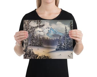 Snowbound Serenity - Winter Mountain Landscape Poster, Snowy Trees, Japanese Matte Paper Accent Print