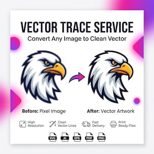 May include: An image promoting a vector trace service, showing the transformation of an eagle head from a pixel image to a vector artwork. The text reads "VECTOR TRACE SERVICE" and "Convert Any Image to Clean Vector". Icons indicate high resolution and fast delivery.