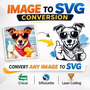 May include: Graphic promoting image to SVG conversion. A dog wearing sunglasses and a red bandana is shown in colour and black and white. The text reads "Convert Any Image to SVG" with logos for Cricut, Silhouette, and Laser Cutting.