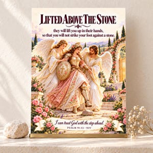 May include: A rectangular print featuring two winged angels in white robes assisting a figure in ornate armor and a floral shield. The text reads: LIFTED ABOVE THE STONE, they will lift you up in their hands, so that you will not strike your foot against a stone. I can trust God with the step ahead. PSALM 91:12 - NIV.