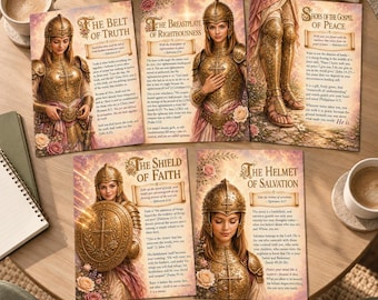 May include: Five rectangular prints featuring illustrations of a person in golden armor with floral accents. Each print displays a title: The Belt of Truth, The Breastplate of Righteousness, Shoes of the Gospel of Peace, The Shield of Faith, and The Helmet of Salvation, accompanied by printed scripture text.