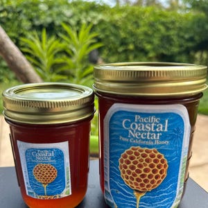 May include: Two glass jars of honey with gold lids. The jars have labels that read "Pacific Coastal Nectar Pure California Honey" with a honeycomb graphic. The honey is a golden amber color.