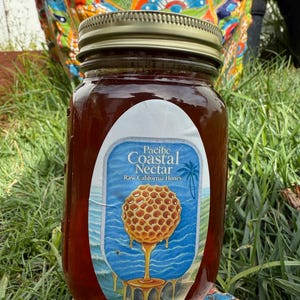 May include: A glass jar filled with dark amber raw honey, topped with a metallic screw-on lid. The label features the text Pacific Coastal Nectar Raw California Honey and an illustration of a honeycomb dripping honey over a coastal landscape.