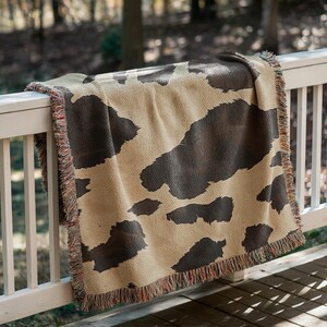 Cowhide Woven Blanket, Western Cow Print Throw, Ranch Decor, Farmhouse Blanket, Rustic Brown and Cream Cow Pattern