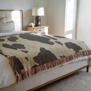 Cowhide Woven Blanket, Western Cow Print Throw, Ranch Decor, Farmhouse Blanket, Rustic Brown and Cream Cow Pattern
