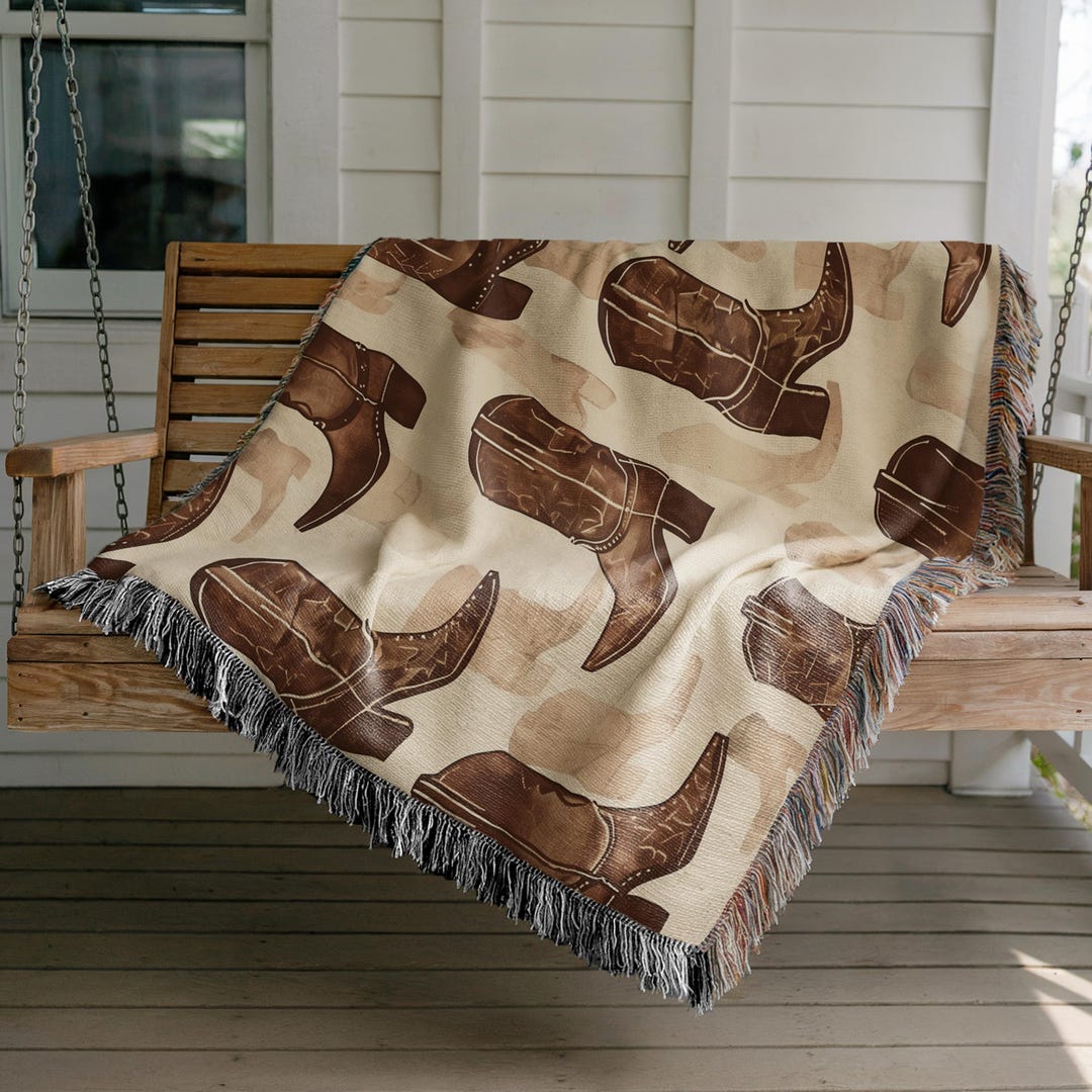 Western Cowgirl Boot Woven Blanket, Vintage Leather Boot Pattern Throw, Ranch Chic Decor, Rustic Lodge Accent - 50" X 60" INCHES