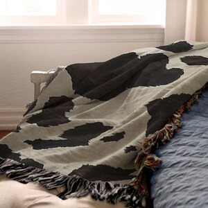 Cowhide Woven Blanket, Western Cow Print Throw, Ranch Decor, Farmhouse Blanket, Rustic Brown and Cream Cow Pattern