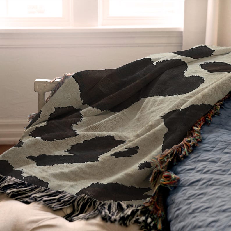 Cowhide Woven Blanket, Western Cow Print Throw, Ranch Decor, Farmhouse Blanket, Rustic Brown and Cream Cow Pattern