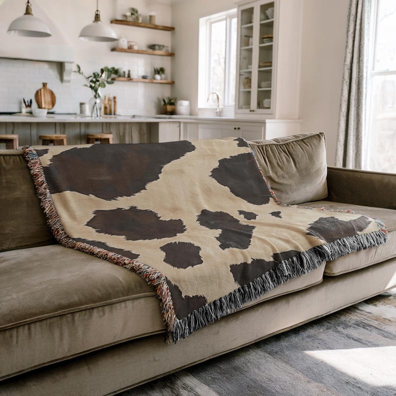 Cowhide Woven Blanket, Western Cow Print Throw, Ranch Decor, Farmhouse Blanket, Rustic Brown and Cream Cow Pattern