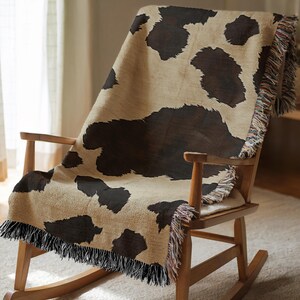Cowhide Woven Blanket, Western Cow Print Throw, Ranch Decor, Farmhouse Blanket, Rustic Brown and Cream Cow Pattern