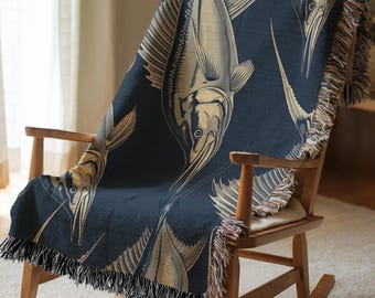 Marlin Woven Blanket, Coastal Sportfishing Throw, Navy Nautical Decor, Offshore Angler Gift, Beach House Statement Textile