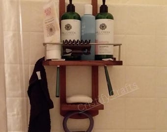 Teak Wood Shower Caddy, Small Space Shelf, Shampoo Holder, Shower Rack, Soap Holder, Bathroom Caddy, Shower Organization, Shower Storage