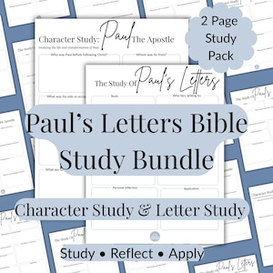 May include: A bundle of Bible study worksheets with the text "Paul's Letters Bible Study Bundle." The worksheets include character studies and letter studies. The design is primarily white with black text and a light blue background.