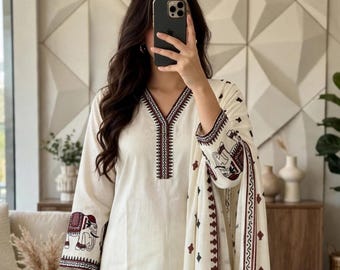 Indian Ethnic Designer Cotton Long Salwar Kameez with Dupatta Set, Fully Stitched Flared Salwar suit for Women 3Pc Indian Women dresss