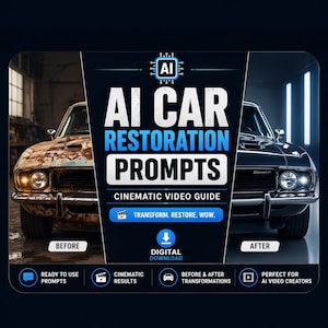 May include: Digital download graphic with the text "AI CAR RESTORATION PROMPTS" and images of a classic car before and after restoration. Includes icons for prompts, cinematic results, before & after transformations, and AI video creators.