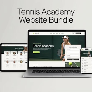 May include: A laptop, tablet, and smartphone display a tennis academy website bundle. The laptop shows the homepage with a tennis player, while the tablet displays player profiles. The smartphone shows an event schedule.