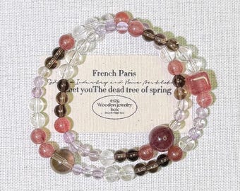 Bracciale doppio avvolgente in quarzo fumé trasparente fragola / Bracciale impilabile con cristalli / Bracciale dell'amore / Regalo di cristallo per lei / Gioielli boho