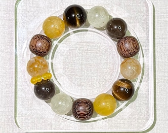 Bracciale con pietre preziose multiple / Occhio di tigre, citrino, quarzo fumé, fluorite, perline di legno