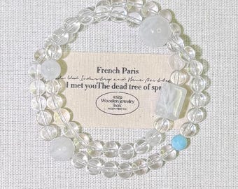 Bracciale a doppio giro in quarzo trasparente / Larimar, cristallo fantasma di neve bianca, pietra calmante