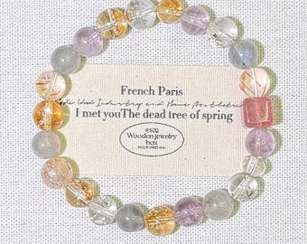 Bracciale in quarzo rutilato naturale e pietra di luna / Quarzo fragola a cubo e ametista / Rondella di quarzo trasparente / Regalo di gioielli con cristalli curativi