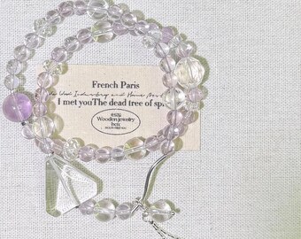 Bracciale in quarzo trasparente ametista lavanda / Grande ciondolo triangolare in cristallo, doppio giro / Gioielli con cristalli curativi / Regalo per lei / 5 mm