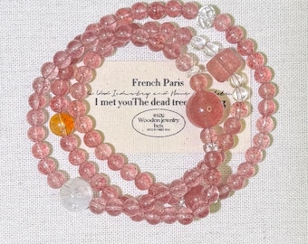 Bracciale a triplo filo con quarzo fragola | Quarzo trasparente e fantasma bianco, ciondolo ematoide giallo | Cristallo dell'abbondanza e dell'amore | Regalo con perline a strati da 5 mm