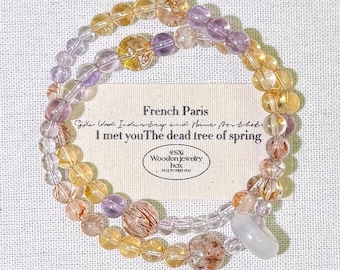 Bracciale impilabile con perle di ametista, quarzo rutilato e citrino, con anello mobile in agata | Doppio giro di cristallo / Ricchezza e successo | Regalo per lei