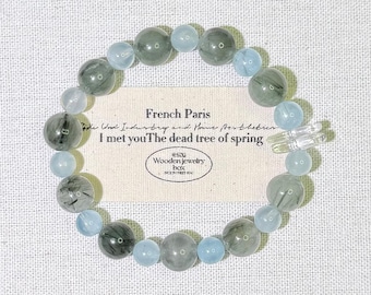 Bracciale in quarzo rutilato verde acquamarina naturale / Dettagli in quarzo trasparente / Gioielli con cristalli curativi / Regalo di calma e prosperità per lei