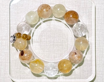 Bracciale in quarzo dorato naturale e citrino / Quarzo fantasma bianco a strati / Anello con occhio di tigre / Regalo di cristallo per la manifestazione dell'abbondanza