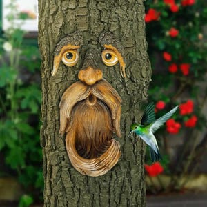 Puede incluir: Escultura de árbol con una cara tallada en la corteza. La cara tiene ojos grandes y amarillos, una nariz prominente y una barba larga y fluida. Un colibrí con alas verdes y blancas revolotea cerca. La escultura es marrón y beige.