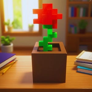 3D gedrucktes Einzigartiges Pixel Rose Blumentopf Ornament Geschenk Minecraft Style Home Decor