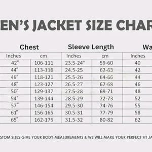 May include: A size chart for men's jackets, displaying chest, sleeve length, and waist measurements in inches and centimeters. The chart includes sizes XS to 5XL, with corresponding measurements for each size. Text at the bottom encourages custom sizes.