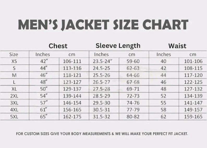 May include: A size chart for men's jackets, displaying chest, sleeve length, and waist measurements in inches and centimeters. The chart includes sizes XS to 5XL, with corresponding measurements for each size. Text at the bottom encourages custom sizes.