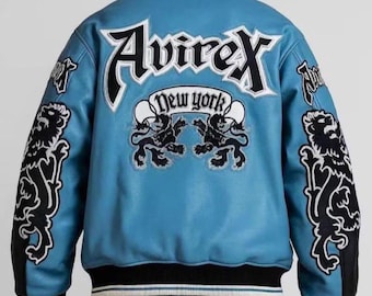 Avirex New York Leather Bomber Jacket | Lion Patch Varsity Coat