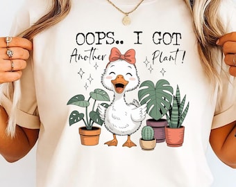 ¡Ups! Tengo otra planta. Imagen PNG de un ganso. Meme divertido de una amante de las plantas (descarga digital).