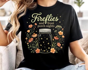 Luciérnagas en un tarro de cristal con diseño floral PNG, diseño de camiseta con cita veraniega rústica (descarga digital)