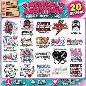 Puede incluir: Un paquete digital de 20 diseños de sublimación para asistente médico con gráficos coloridos de estetoscopios, corazones, jeringas, flores y textos como Medical Assistant, CMA y #CMALife sobre un fondo blanco con detalles rosas.