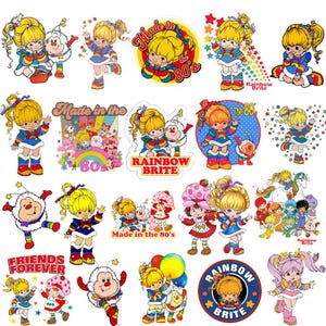 May include: A selection of vibrant stickers featuring the Rainbow Brite cartoon character. The stickers depict Rainbow Brite in different poses, with text including "Made in the 80's", "Friends Forever", and "Rainbow Brite".