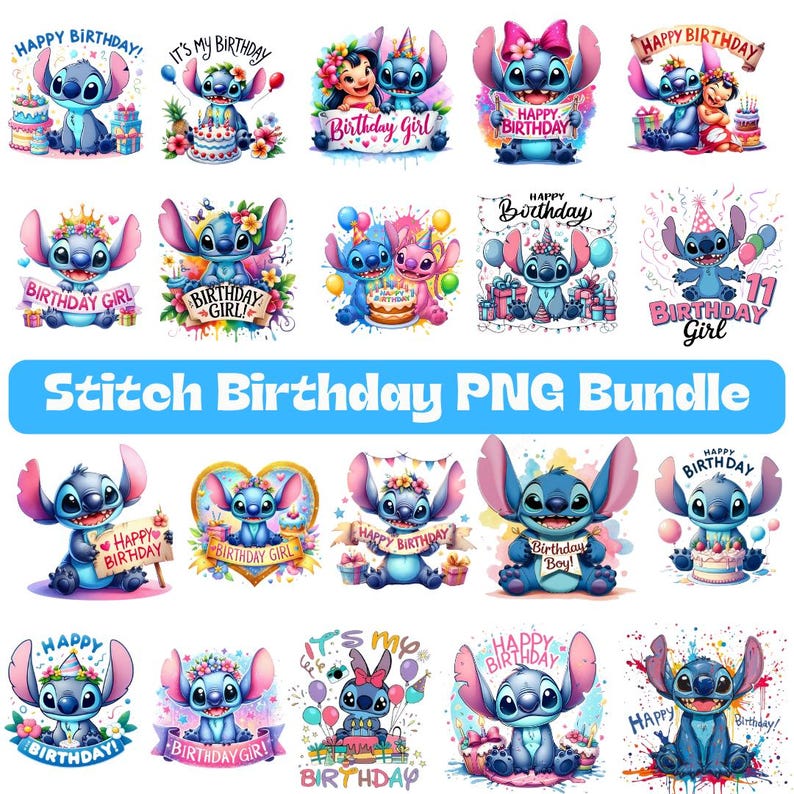 Cute Stitch Birthday PNG bundle featuring Stitch birthday girl designs with birthday hat and balloons graphics inspired by tropical cartoon themes. Includes high-quality PNG and SVG files perfect for birthday shirts, party decorations, cake toppers, invitations, stickers, tumblers, sublimation crafts, and DIY gifts. Adorable blue alien character artwork designed for Canva, and other crafting software. Instant digital download with transparent background for creative birthday projects worldwide.