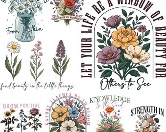 Paquete de imágenes PNG florales inspiradoras, diseños vintage de flores silvestres para sublimación, imágenes PNG con citas motivacionales, imágenes prediseñadas de flores botánicas, estilo floral retro.