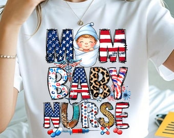 Paquete PNG de mamá, bebé y enfermera para el 4 de julio, diseño patriótico para sublimación.
