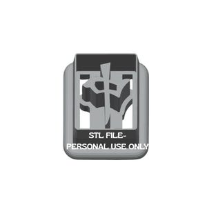 Op de afbeelding: Een grijs, rechthoekig 3D-geprint object met een gestileerd ontwerp in een frame. De tekst "STL FILE - PERSONAL USE ONLY" staat onderaan afgedrukt. Het object staat tegen een witte achtergrond.