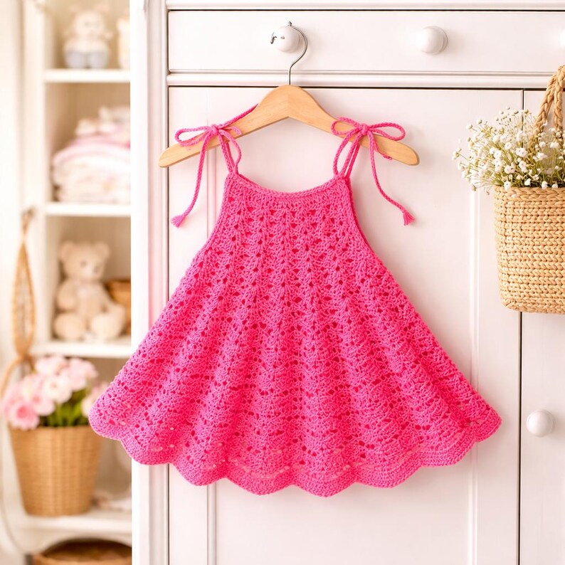 May include: A bright pink, handmade crochet dress for a baby or toddler. The dress is hanging on a wooden hanger against a white background. The dress features a scalloped hemline and delicate tie straps.