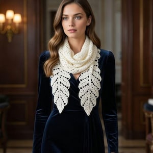 May include: Cream-colored, crocheted scarf with a leaf-like design. The scarf is draped around the neck and over a dark blue velvet dress. The leaf pattern features openwork and a scalloped edge, adding a delicate touch to the accessory.