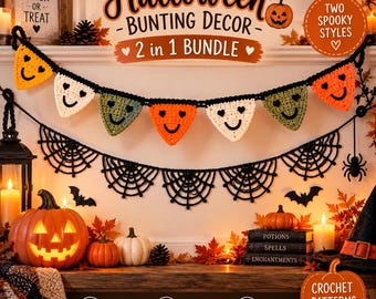 Halloween gehaakte slinger met spinnenwebmotief, 2-in-1 set, griezelige seizoensdecoratie, PDF-knutselpatroon