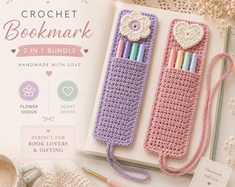 Bundel haakpatronen voor boekenleggers, pennenhouder in de vorm van een bloemhart, inclusief PDF-handleiding (digitale download).